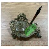 BRASS AND GLASS INKWELL WITH INTEGRATED PEN REST