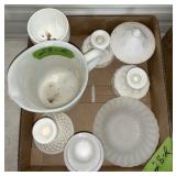 MILK GLASS PITCHER, CANDLE HOLDERS, CUP/BOWL