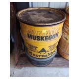 Yellow Metal Barrel with Cannon Muskegon Logo