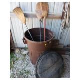 Plastic Trash Can With Lid and Brooms