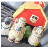 JD cookie jar and farm salt & pepper shakers