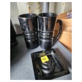 Black Glass Mugs and Ashtray Set