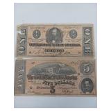 Confederate $1 and $5 Banknotes Set