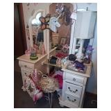 White Wood Vanity W/Mirror and contents
