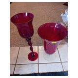 Red Glass Vase and Goblet Pair