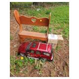 Wooden Bench, Toy Car, and Decor