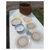 Wicker Basket with Mixed Glassware Ceramic Pieces