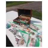Wood Jewelry Box with Beaded Necklaces and Pins