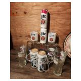 Miller Lite Beer Glasses and Empty Cans Set