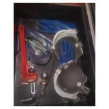 Pipe Wrench, knee pads, Towing Ball Lot