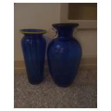 2 Blue Art Glass Vases with Hand-Applied Detail