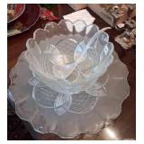 Pressed Glass Punch Bowl With Matching Ladle &Tray