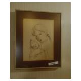 Framed Pencil Drawing of Two Figures