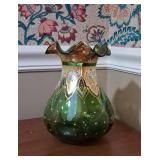 Green Art Glass Ruffled Rim Pitcher Vase