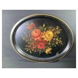 Large Oval Metal Serving Tray with Flowers