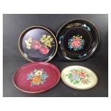 Vintage Round Metal Serving Trays Hand Painted