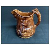 Vintage Brown Glaze Hunting Pottery Pitcher