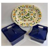 Hand-Painted Rooster Platter and Blue Bakers