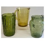 Vintage Green Glass Bamboo Pitcher, Amber Pitcher