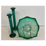 Green Glass Bowl and Candlestick Holders