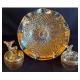 Amber Glass Plate and Lidded Jars Set