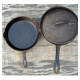 Two Cast Iron Skillets with One Lid