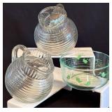 Two Pressed Glass Pitchers and Pyrex Bowl