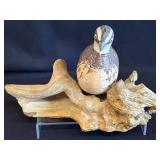Hand Painted & Carved Wood Quail on Driftwood Base