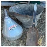 Galvanized Bucket, Funnel, & Shovel
