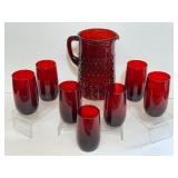 Ruby Red Hobnail Glass Pitcher & Tumblers Set