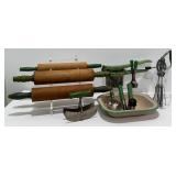 1930s Green Enameled Kitchen Utensils, Rolling Pin