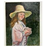 Girl in Hat with Rabbit Artwork on Canvas