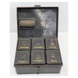 Victorian Metal Spice Box with Six Tins and Grater