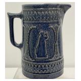 Antique Cobalt Blue Lady Lyre Stoneware Pitcher