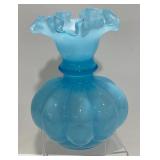 Fenton Blue Overlay Melon Vase Ruffled Top