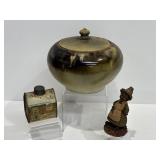 Vintage Pottery Vessel, Maple Log Tin, Figurine