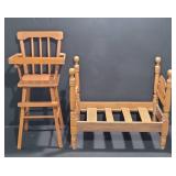 Wooden Doll High Chair and Doll Bed