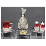 Ruby & Clear Cut Glass Mug, S&P Shaker, Clear Bell