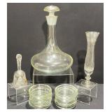 Vintage Crystal Decanter, Coasters, Bell & More