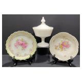 Bravaria Dinner Plates & Milk Glass Compote