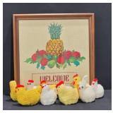 Framed Pineapple Needlepoint w/ Crocheted Chickens
