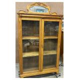 Glass Front Oak Display Cabinet With Mirror