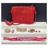 Vintage Costume Jewelry, Red Beaded Evening Bag