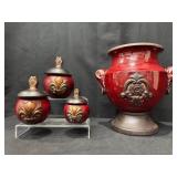Red Fleur-de-Lis Lidded Canisters & Vase