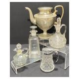 Silver Plated Teapot, Glass Cruet, Syrup Pitcher
