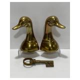 Pair of Vintage Brass Ducks Bookends & Ornate Key