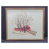 Framed Needlepoint of Winter Barn Scene