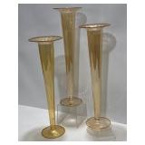 Vintage Amber Glass Trumpet Vases Ribbed Rims