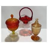 Vintage Ruby Ruffled Glass Handled Basket & More