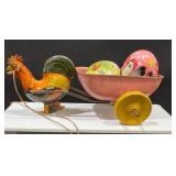 Vintage Tino Litho Rooster Pulling Egg Cart, Eggs